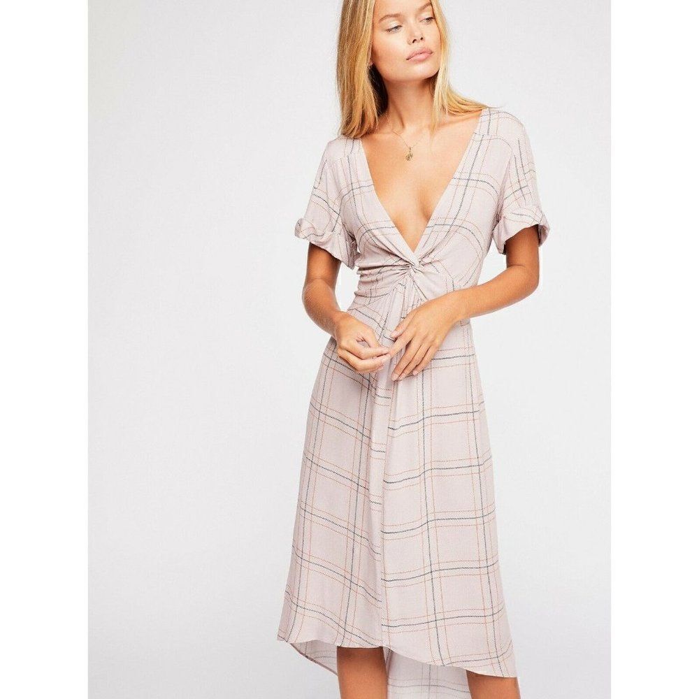 NEW FREE PEOPLE Sz S BON BON PLAID GRID PRINTED TWIST SHORT SLEEVE MIDI DRESS